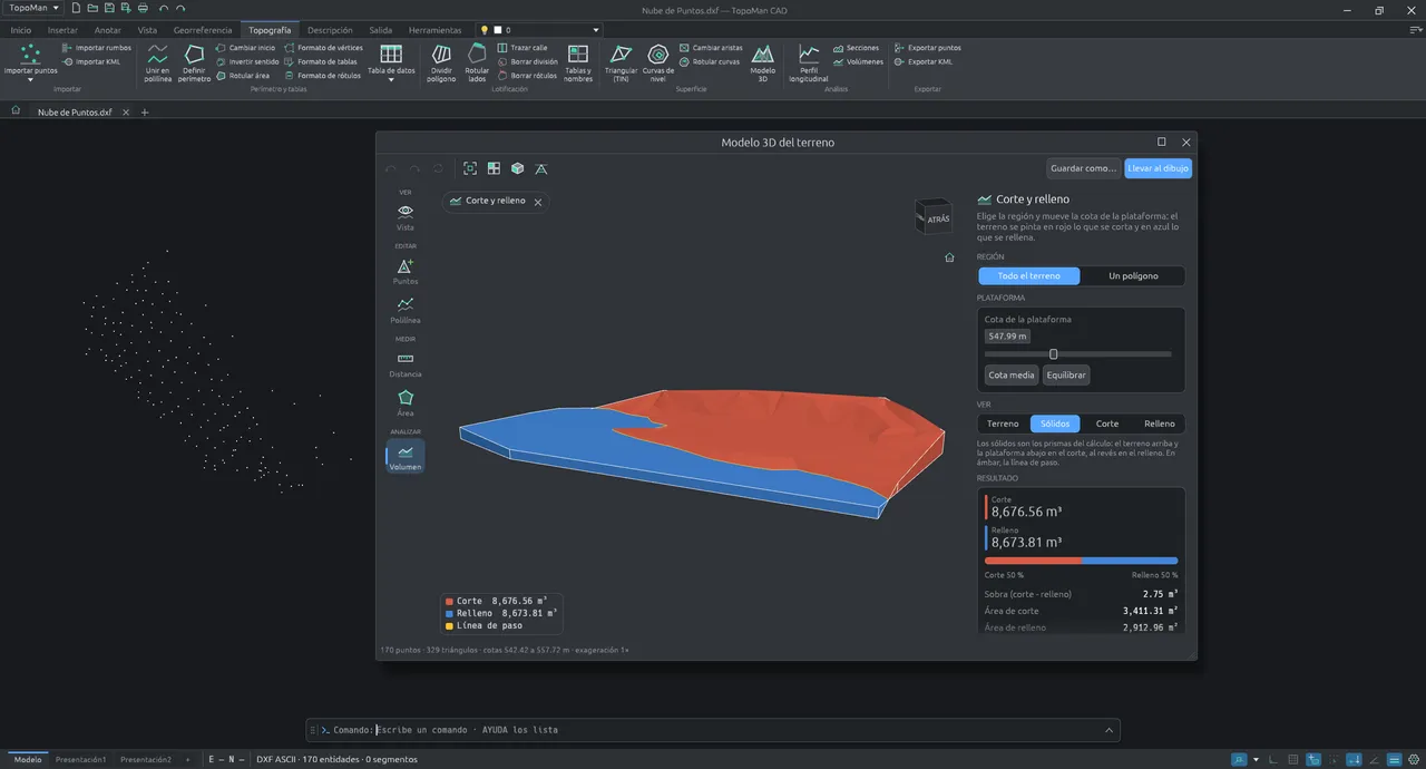 El corte y relleno en la ventana del modelo 3D: el sólido del corte en rojo y el del relleno en azul, la cota de la plataforma y el resultado en metros cúbicos