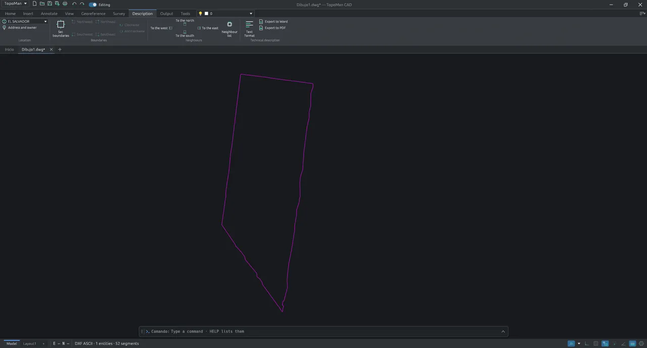 The Description tab, with the owner, location and adjoining-owner fields