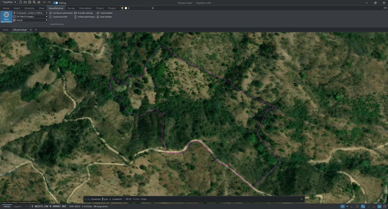 A surveyed boundary over satellite imagery, and the drawing with its bearing, distance and coordinate table