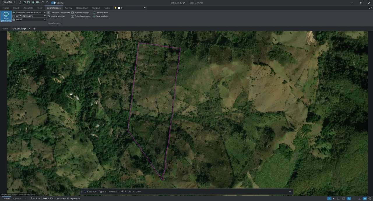 TopoMan CAD showing a property boundary drawn over satellite imagery