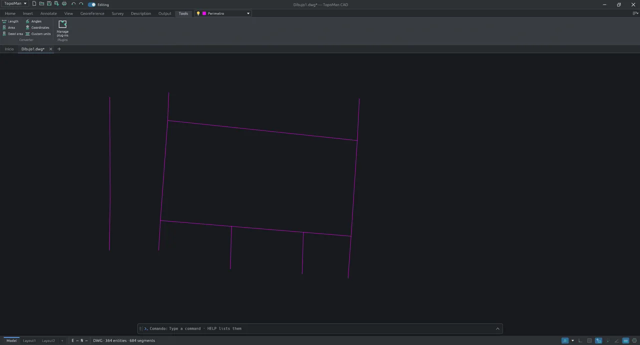 The Tools tab, with the length, area, deed area, angles, coordinates and custom units converter, and manage plug-ins
