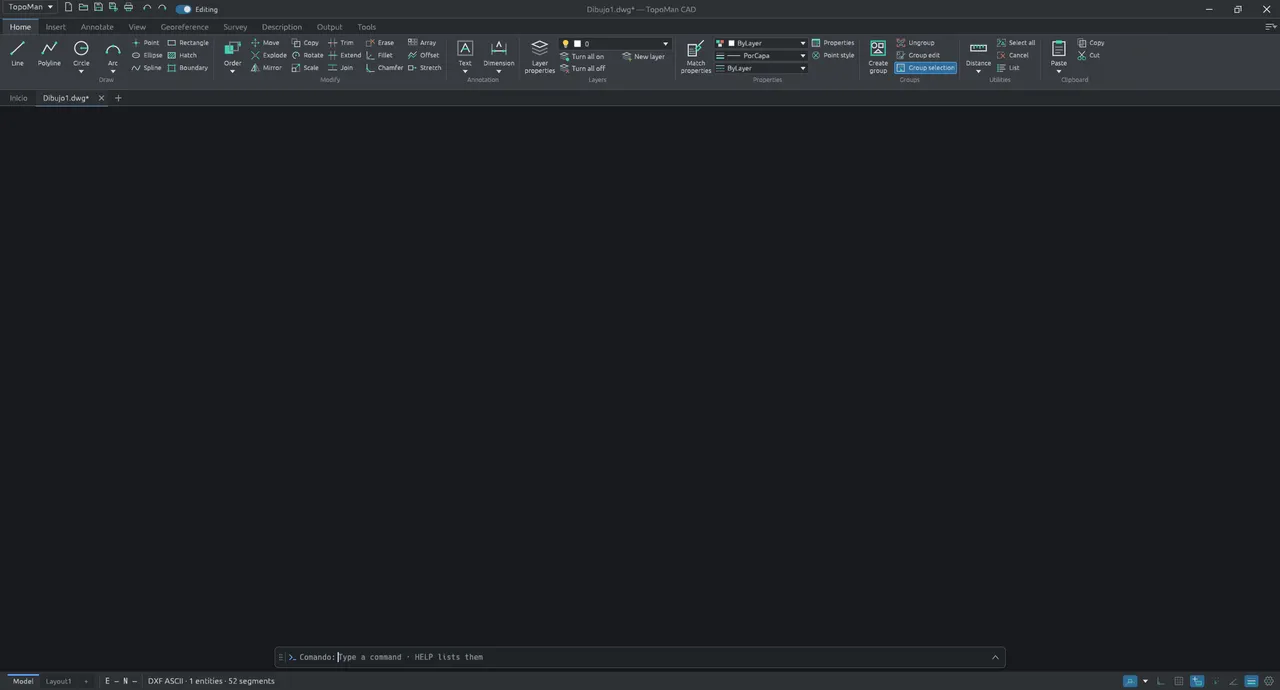 The Home tab, with the drawing, modify, layer and property tools