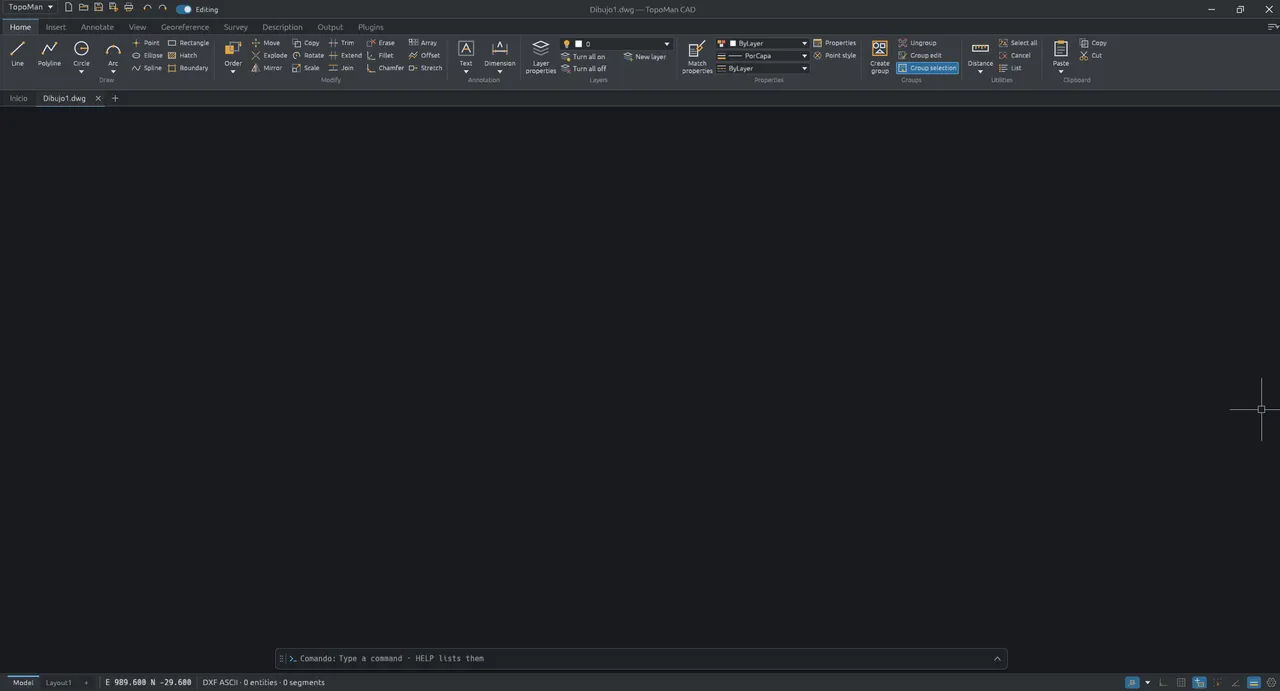 The Home tab, with the drawing, modify, layer and property tools
