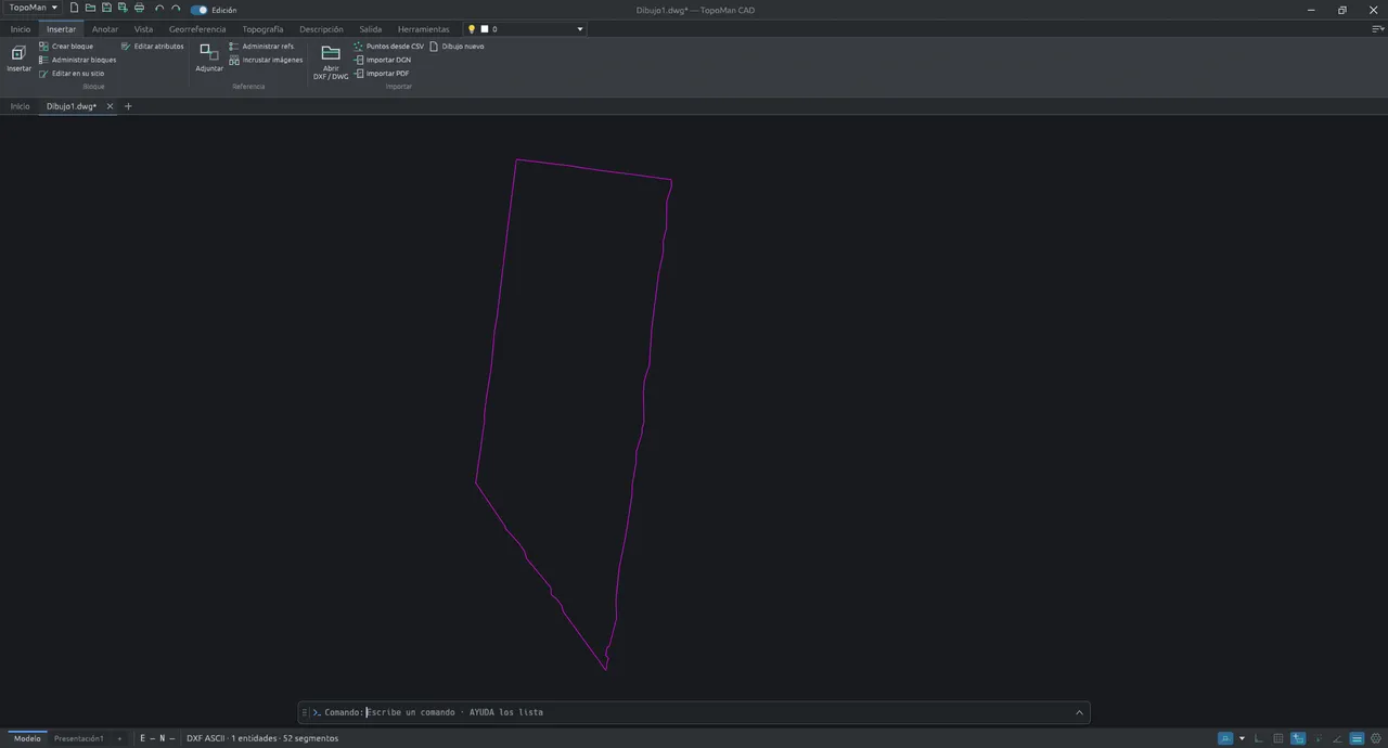 La pestaña Insertar, con bloques, referencias externas, abrir DXF/DWG, puntos desde CSV e importar DGN y PDF