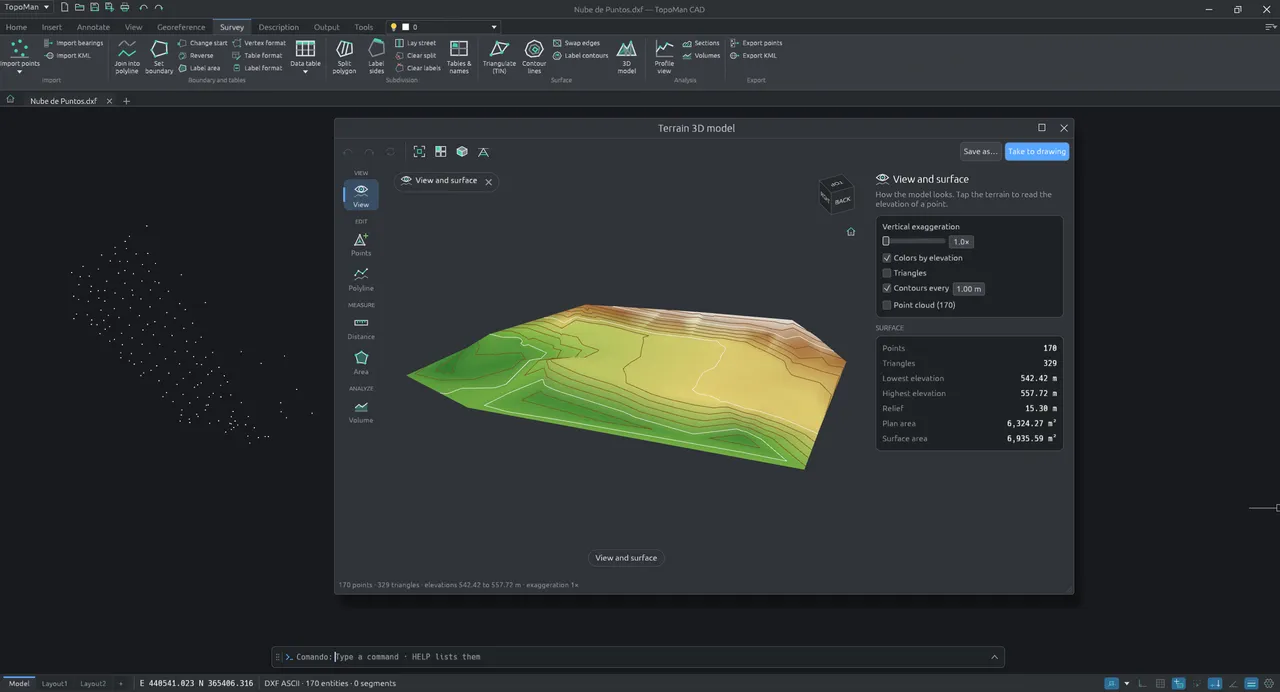 TopoMan CAD with the Surveying tab open and the 3D model of a terrain in its window, coloured by elevation and with its contour lines