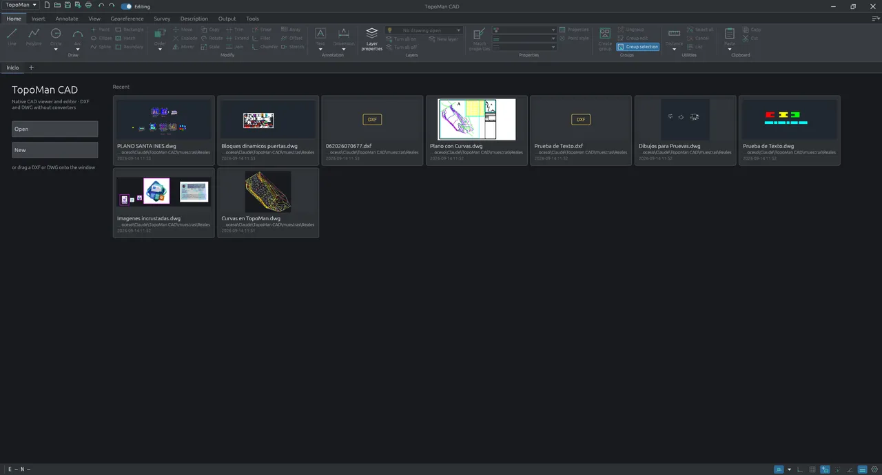 The TopoMan CAD start screen, with the ribbon and the recent drawings
