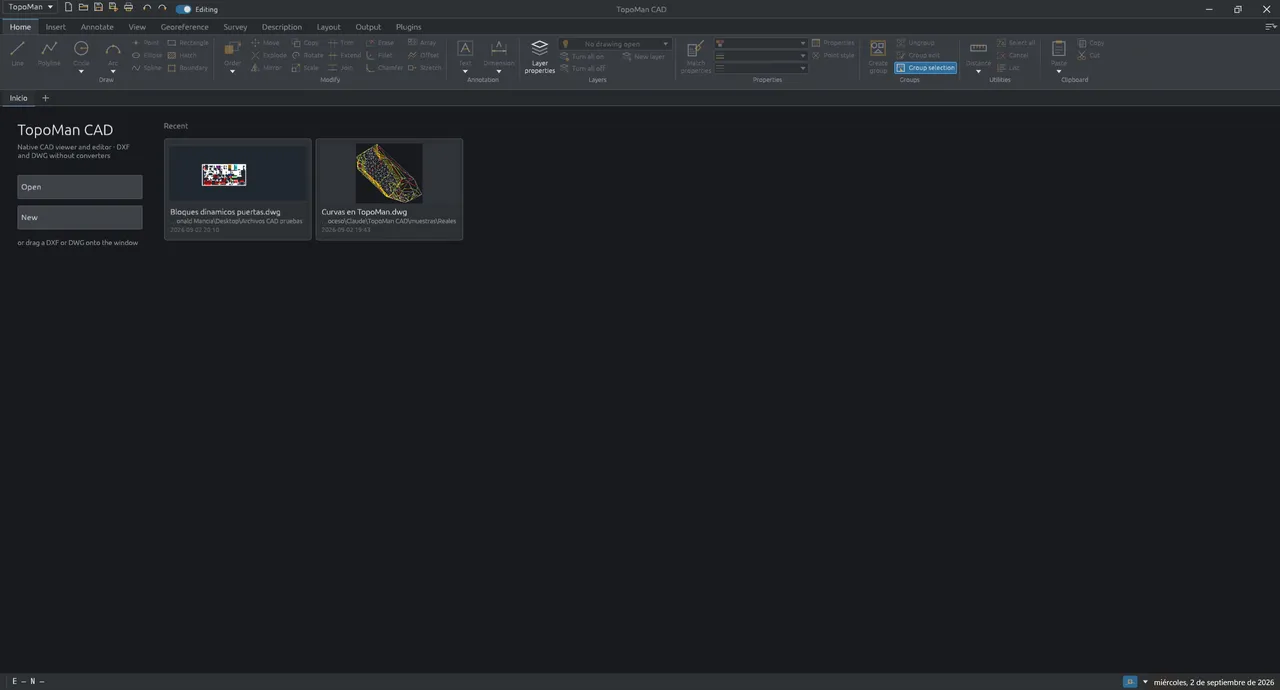 The TopoMan CAD start screen, with the ribbon and the recent drawings