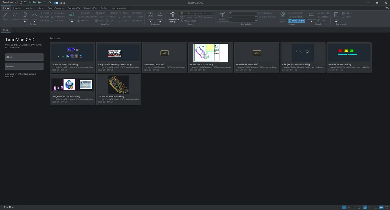 La pantalla de inicio de TopoMan CAD, con la cinta de herramientas y los dibujos recientes