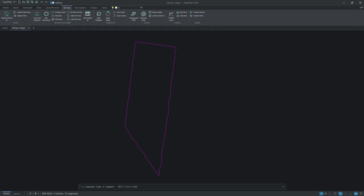 The Surveying tab in the ribbon, with point import, tables, subdivision, contour lines and profiles