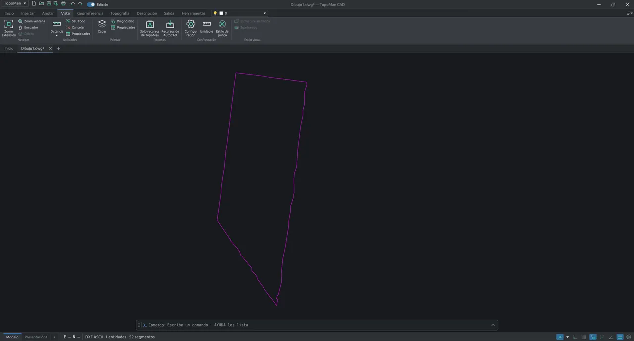 La pestaña Vista, con zoom, encuadre, paletas, el conmutador de recursos de TopoMan o de AutoCAD, configuración, unidades y estilo de punto