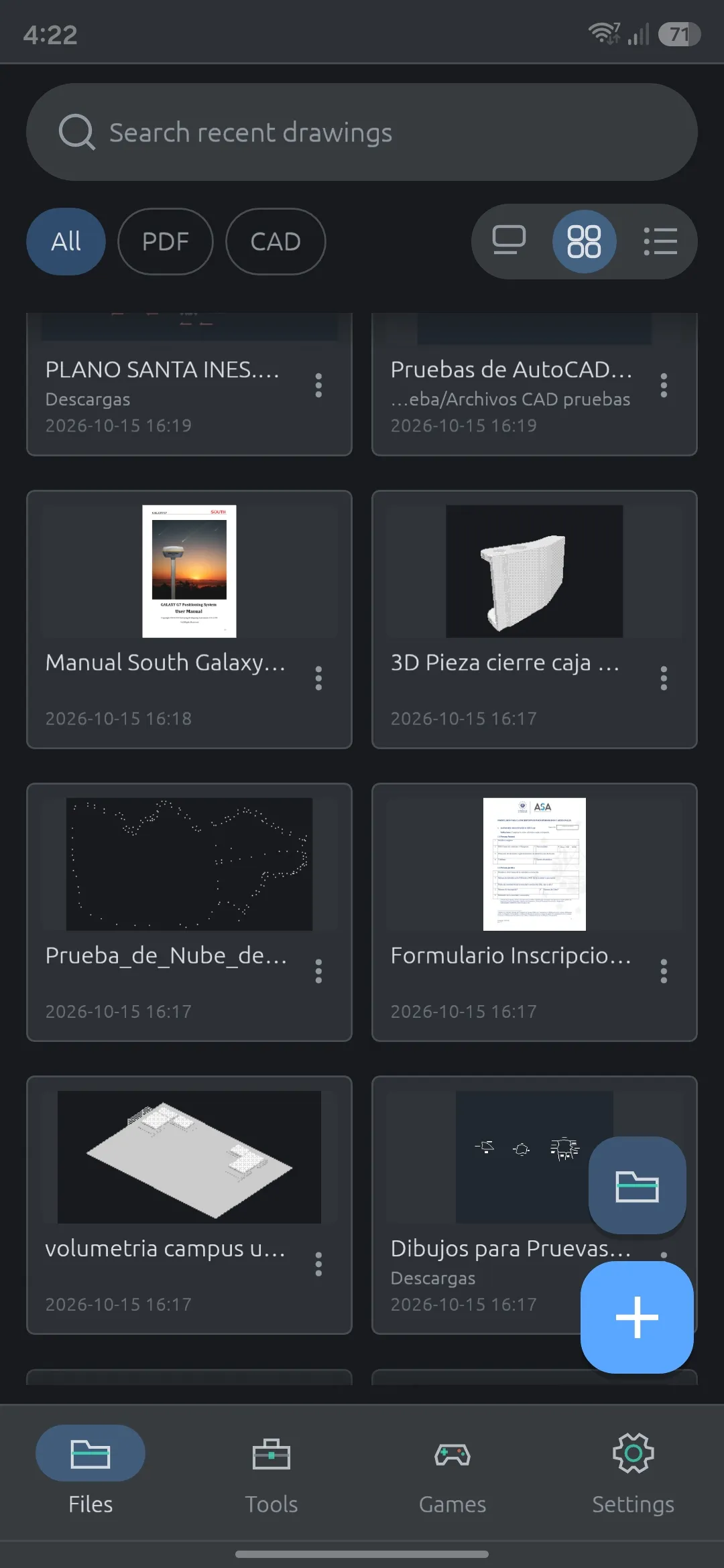 The TopoMan CAD start screen on an Android phone: Files, with search, the filters and the recent drawings and PDFs in a grid, and the bottom bar