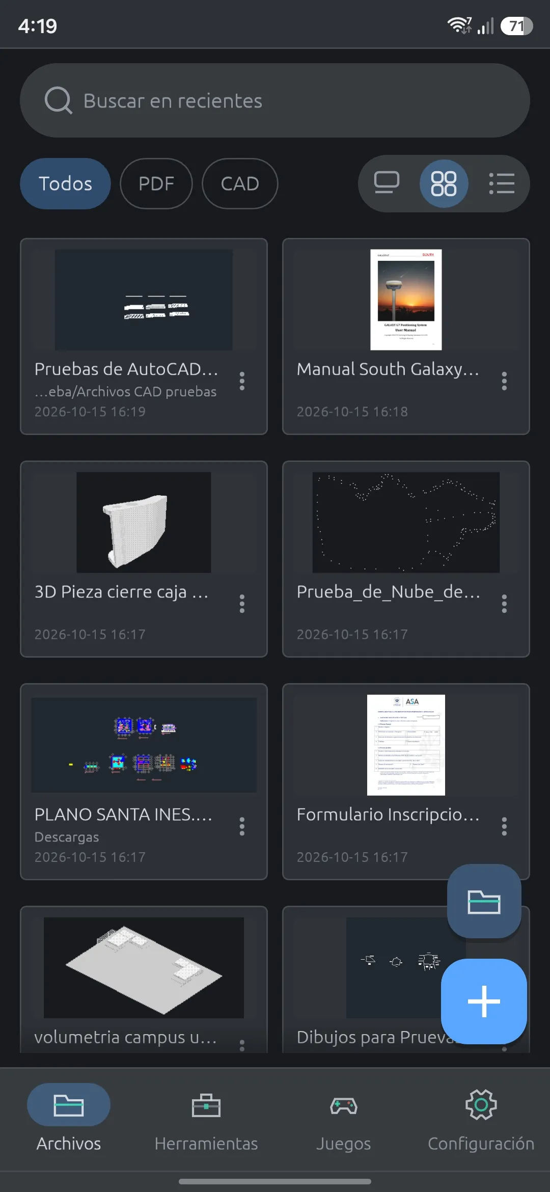 La pantalla de inicio de TopoMan CAD en un teléfono Android: Archivos, con el buscador, los filtros y los planos y PDF recientes en cuadrícula, y la barra de abajo