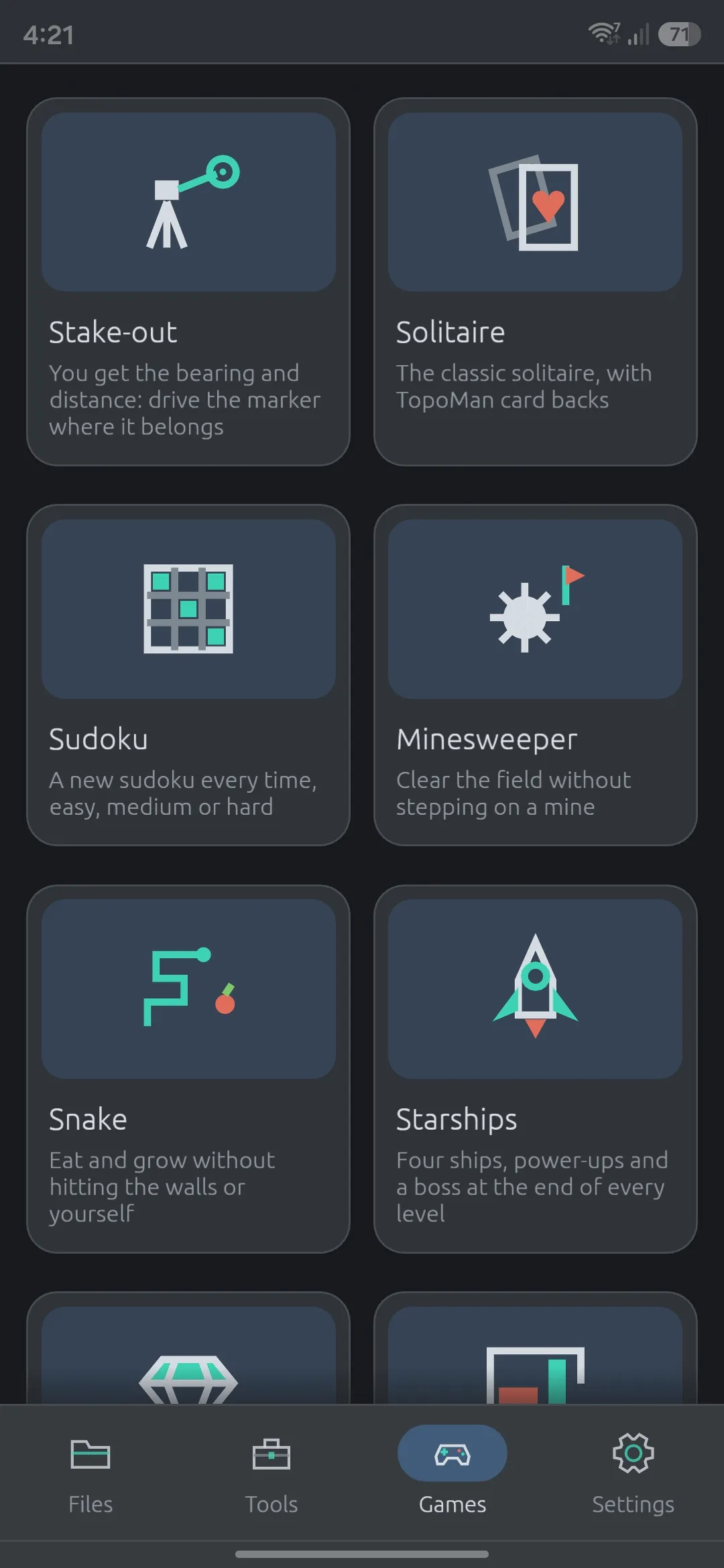 The Games section on the phone, with the Stake-out, Solitaire, Sudoku, Minesweeper, Snake and Starships cards
