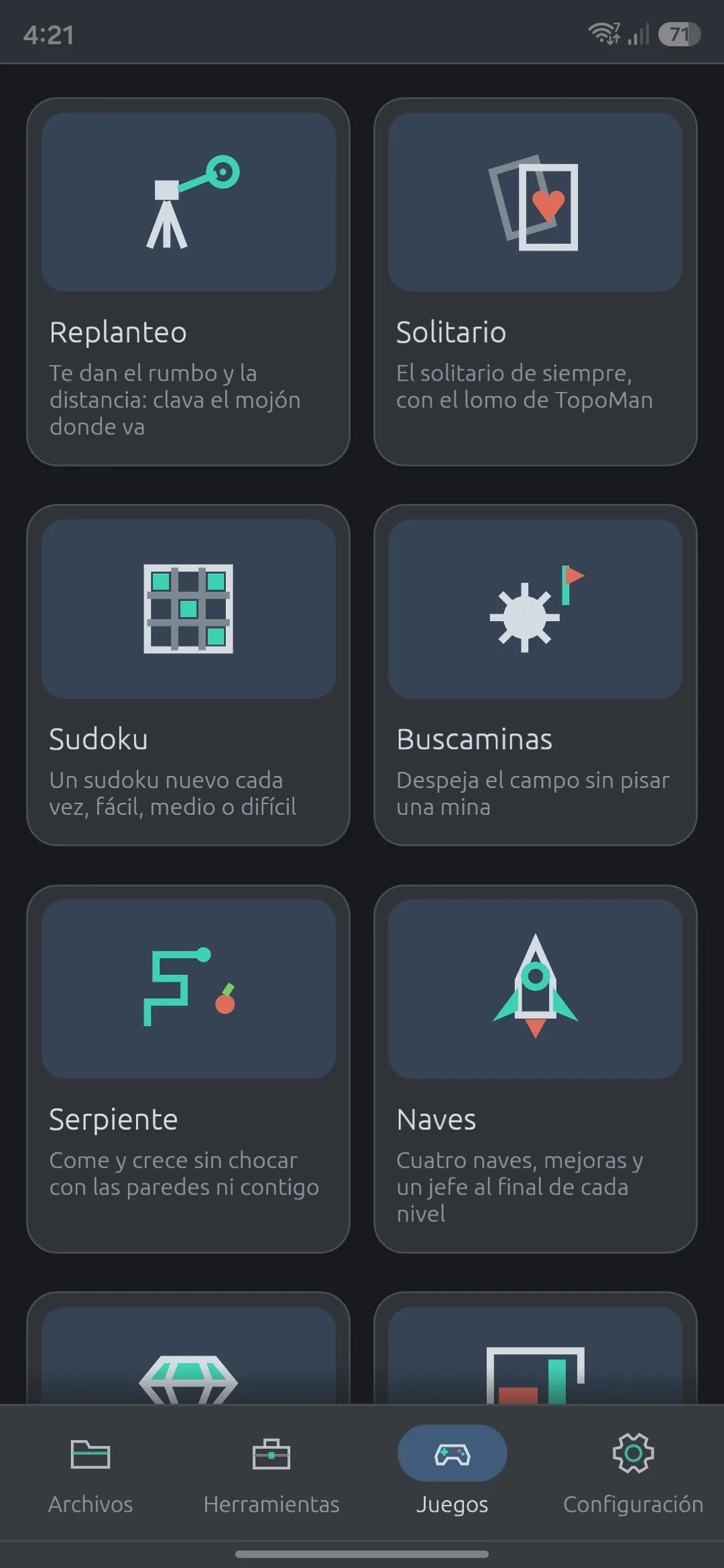 El apartado Juegos del teléfono, con las tarjetas de Replanteo, Solitario, Sudoku, Buscaminas, Serpiente y Naves