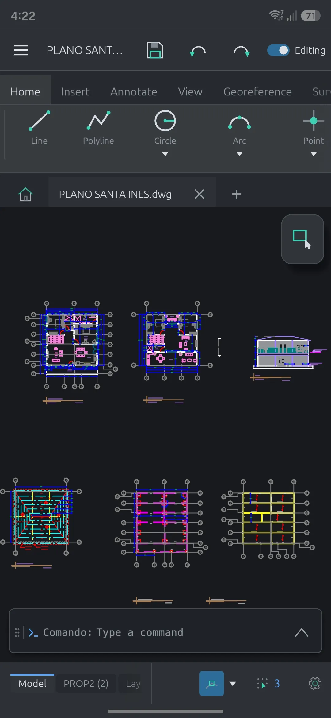 An architectural drawing open on the phone, with the Home tab folded into cards and the editing switch