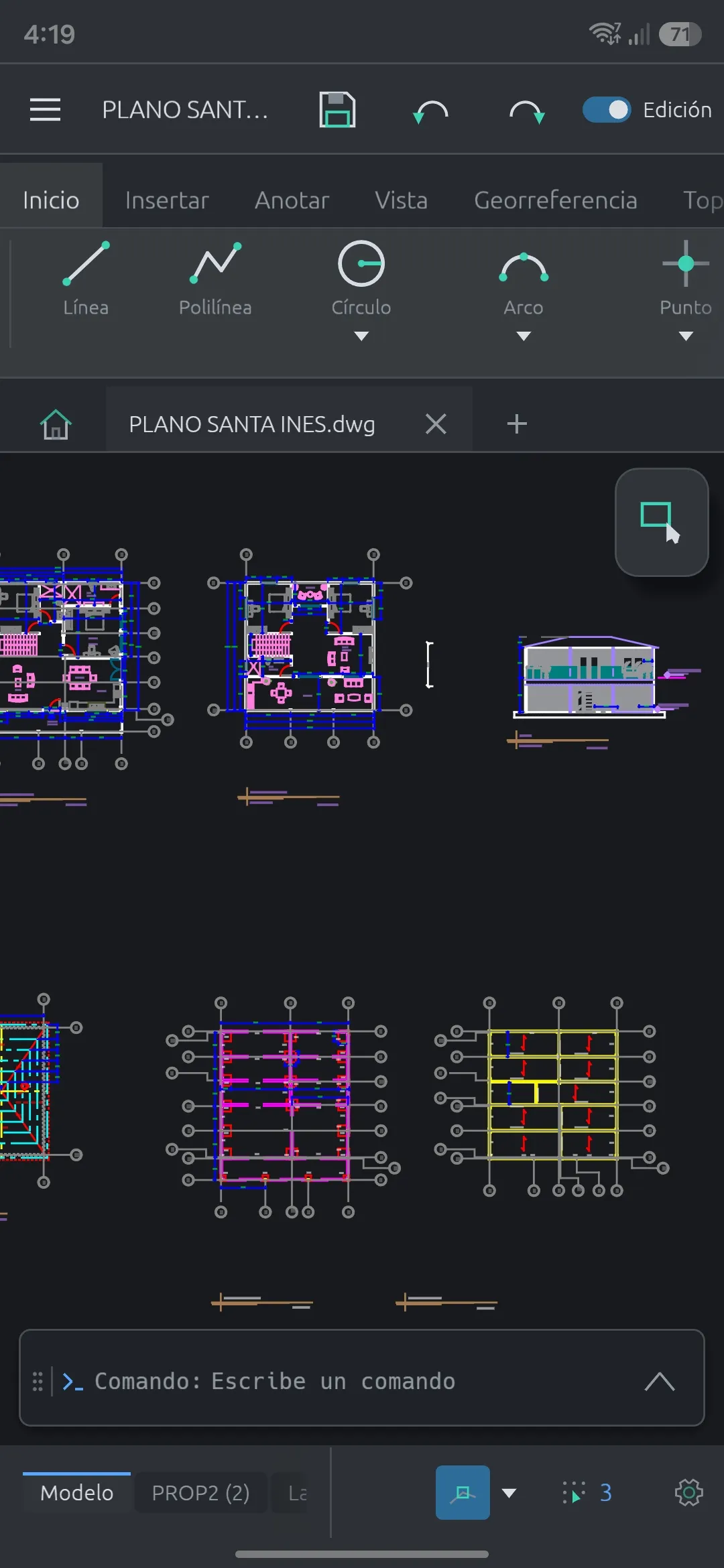 Un plano arquitectónico abierto en el teléfono, con la pestaña Inicio plegada en tarjetas y el interruptor de edición