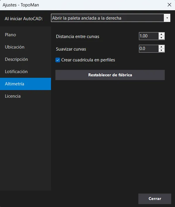 Los ajustes de Altimetría en el plugin TopoMan