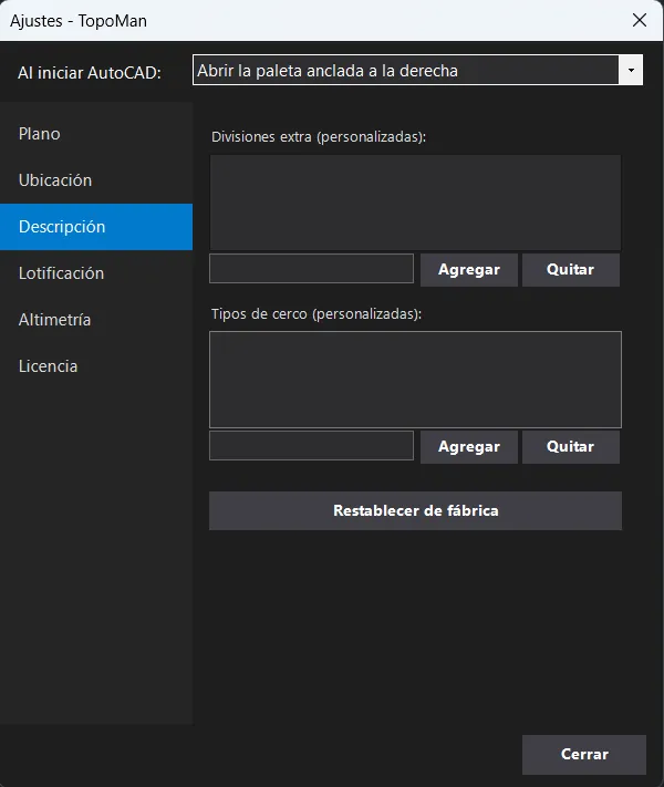 Los ajustes de Descripción en el plugin TopoMan