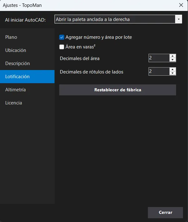 Los ajustes de Lotificación en el plugin TopoMan