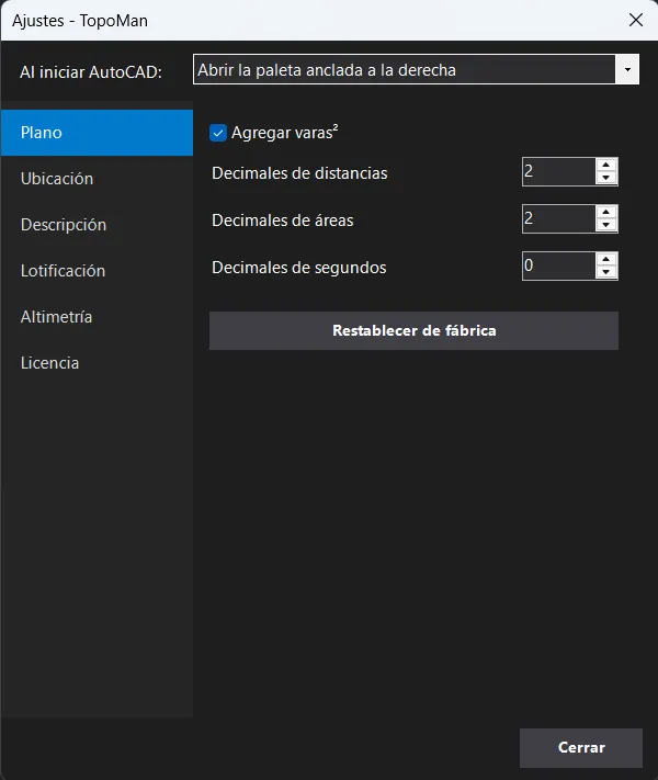 Los ajustes de Plano en el plugin TopoMan
