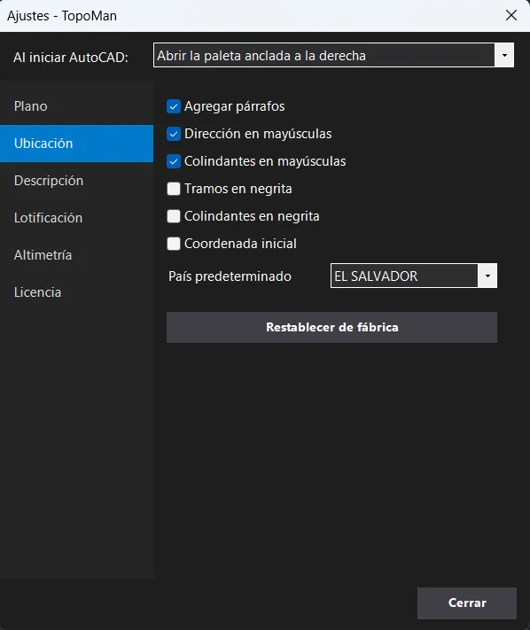 Los ajustes de Ubicación en el plugin TopoMan
