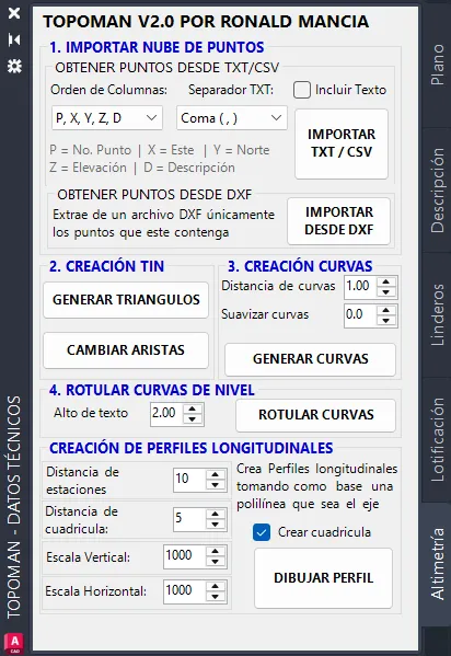 The Altimetry tab of the TopoMan palette