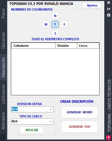 La pestaña Descripción de la paleta TopoMan