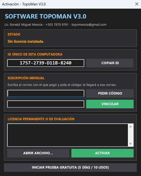 El cuadro de activación del plugin: el identificador del equipo, la suscripción con su correo y código, y la licencia permanente