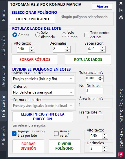 La pestaña Lotificación de la paleta TopoMan