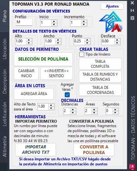 La paleta TopoMan dentro de AutoCAD, en la pestaña Plano