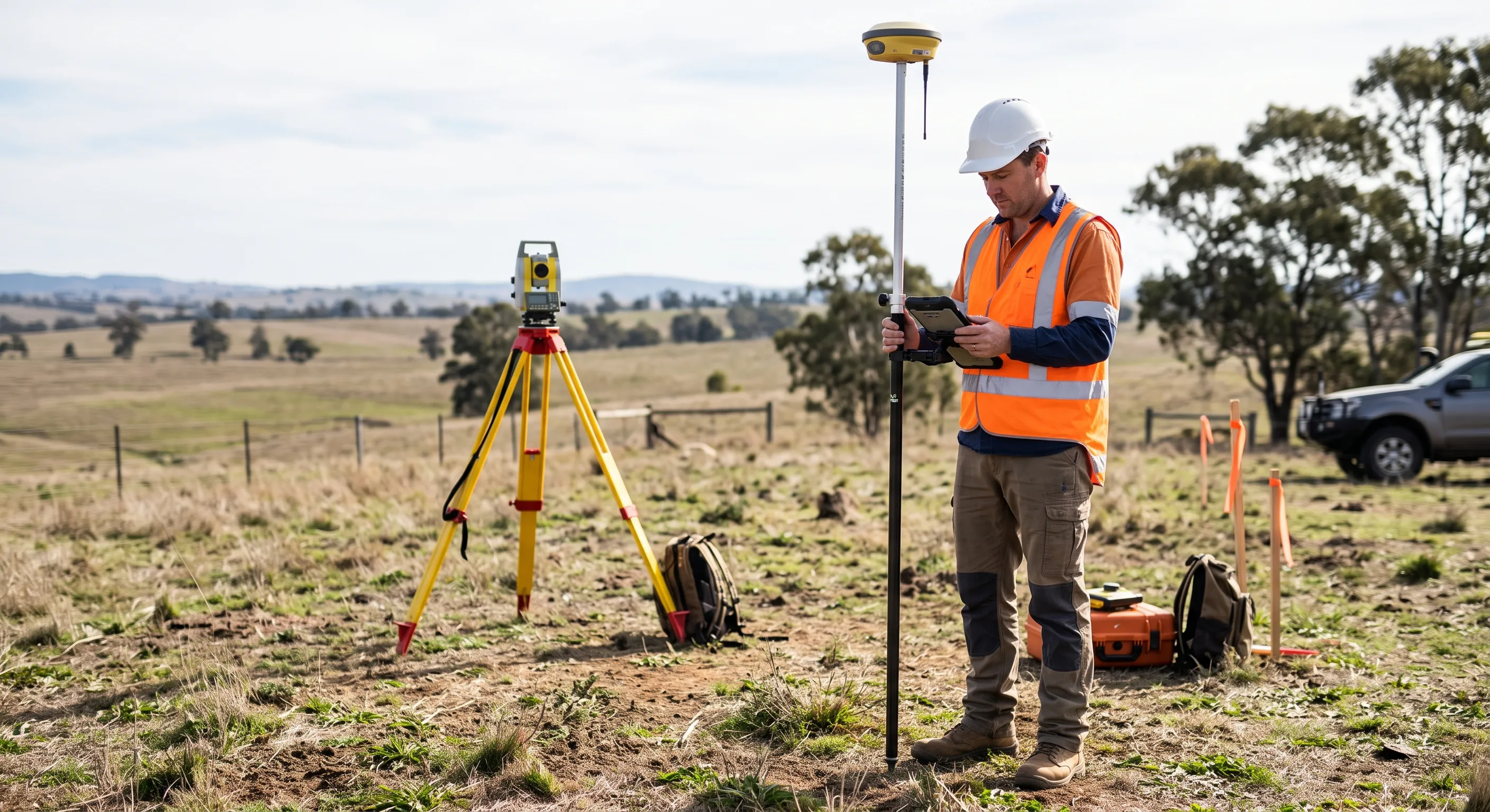 Un topógrafo en el campo con el receptor GNSS en la mano y la estación total montada detrás